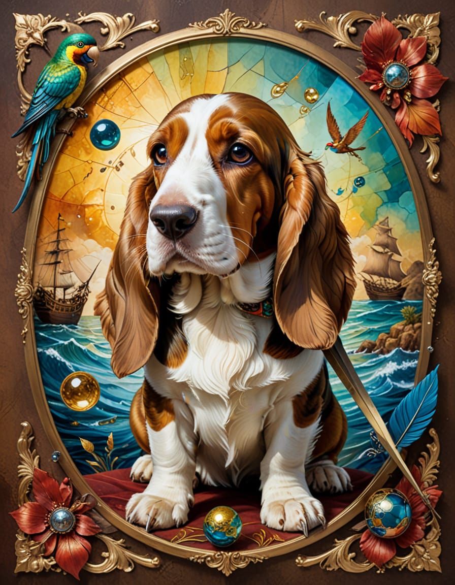 Regal Basset Hound Pirate in Surrealist Painting