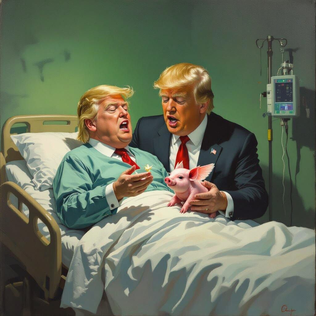 Surreal Oil Painting of Trump Giving Birth to Winged Piglet