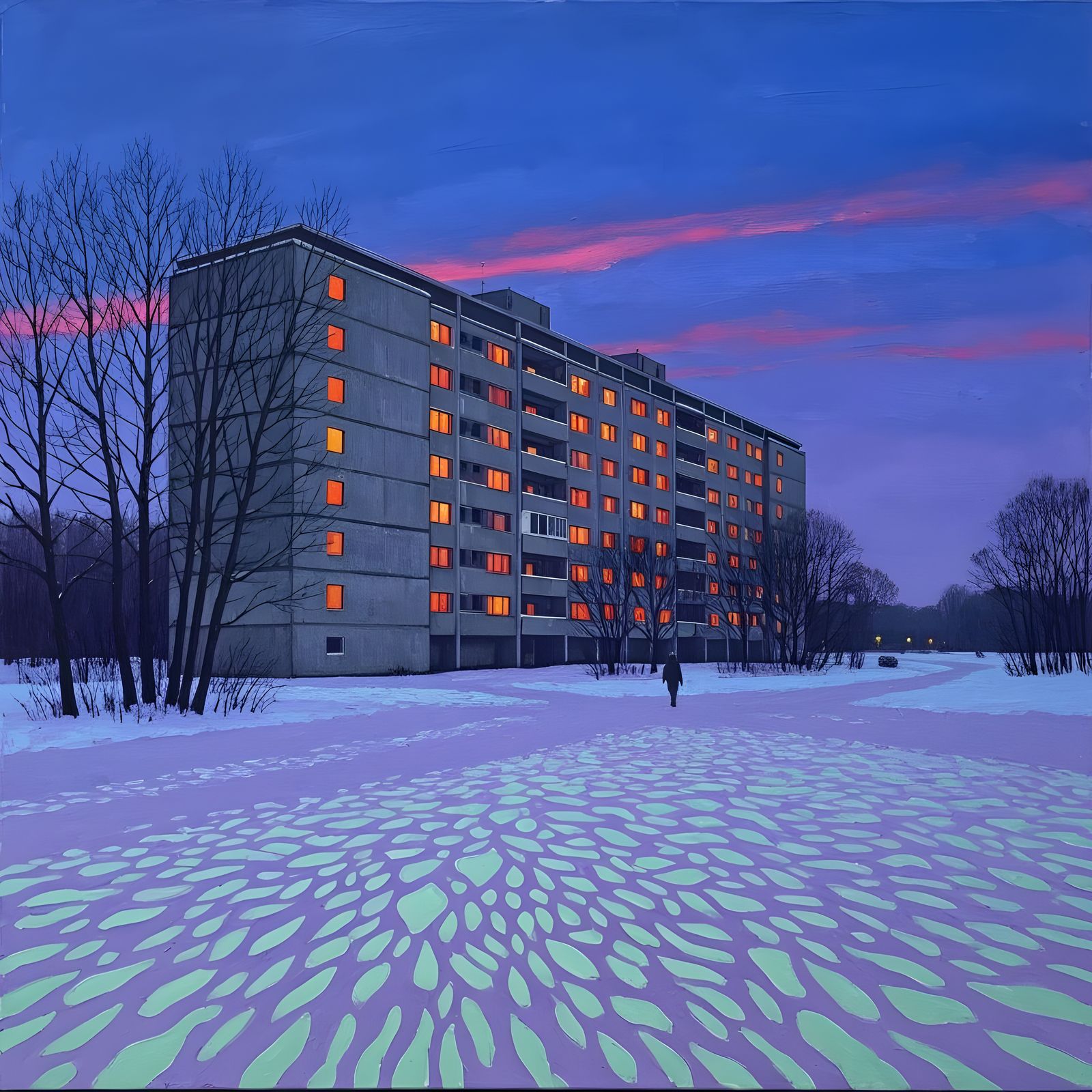 Atmospheric Twilight Landscape Painting of a Tower in Snow