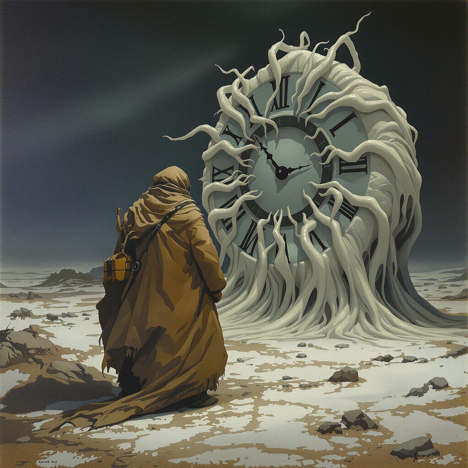 Surreal Traveler in Tibet with Melting Clock