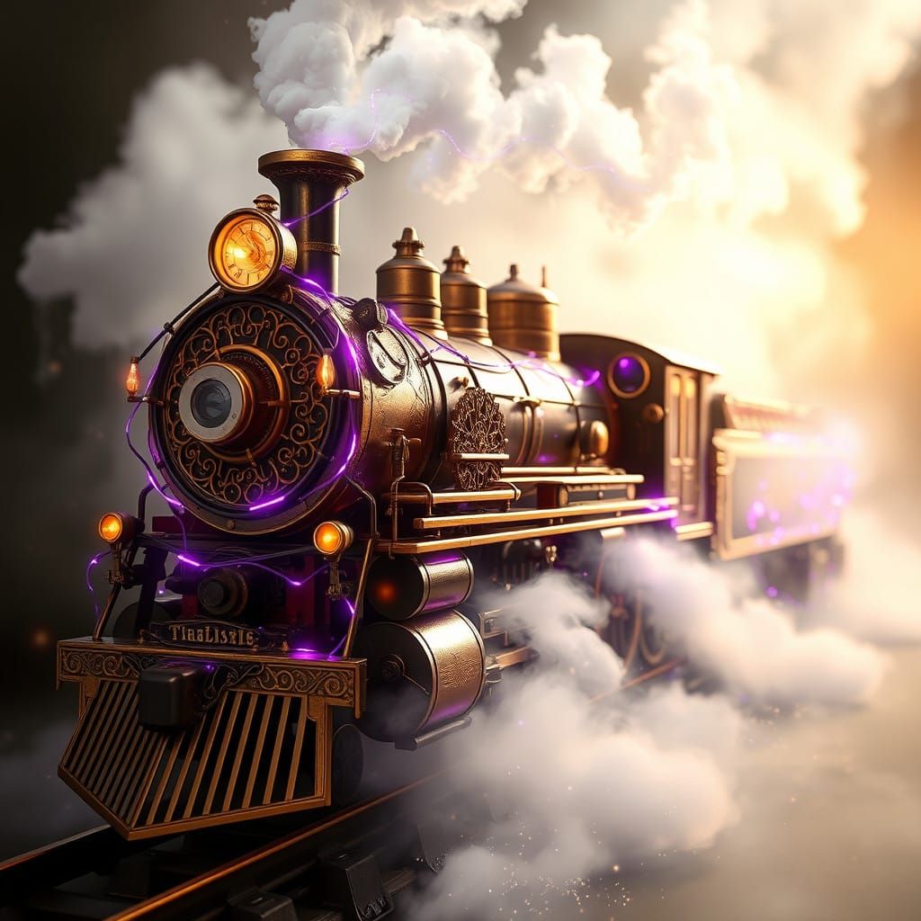 Ethereal Steampunk Locomotive in Purple Fiber Optics