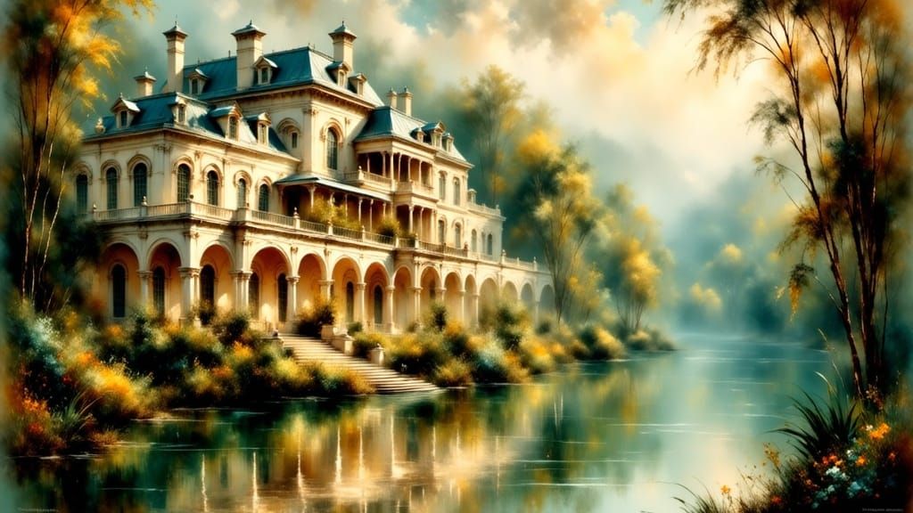 French Colonial Mansion by Jungle Lake at Sunset