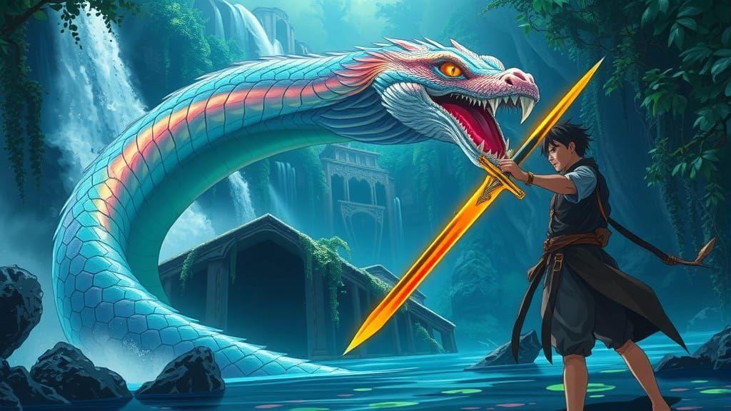 Majestic Water Serpent Encounters Jungle Warrior in Dazzling...