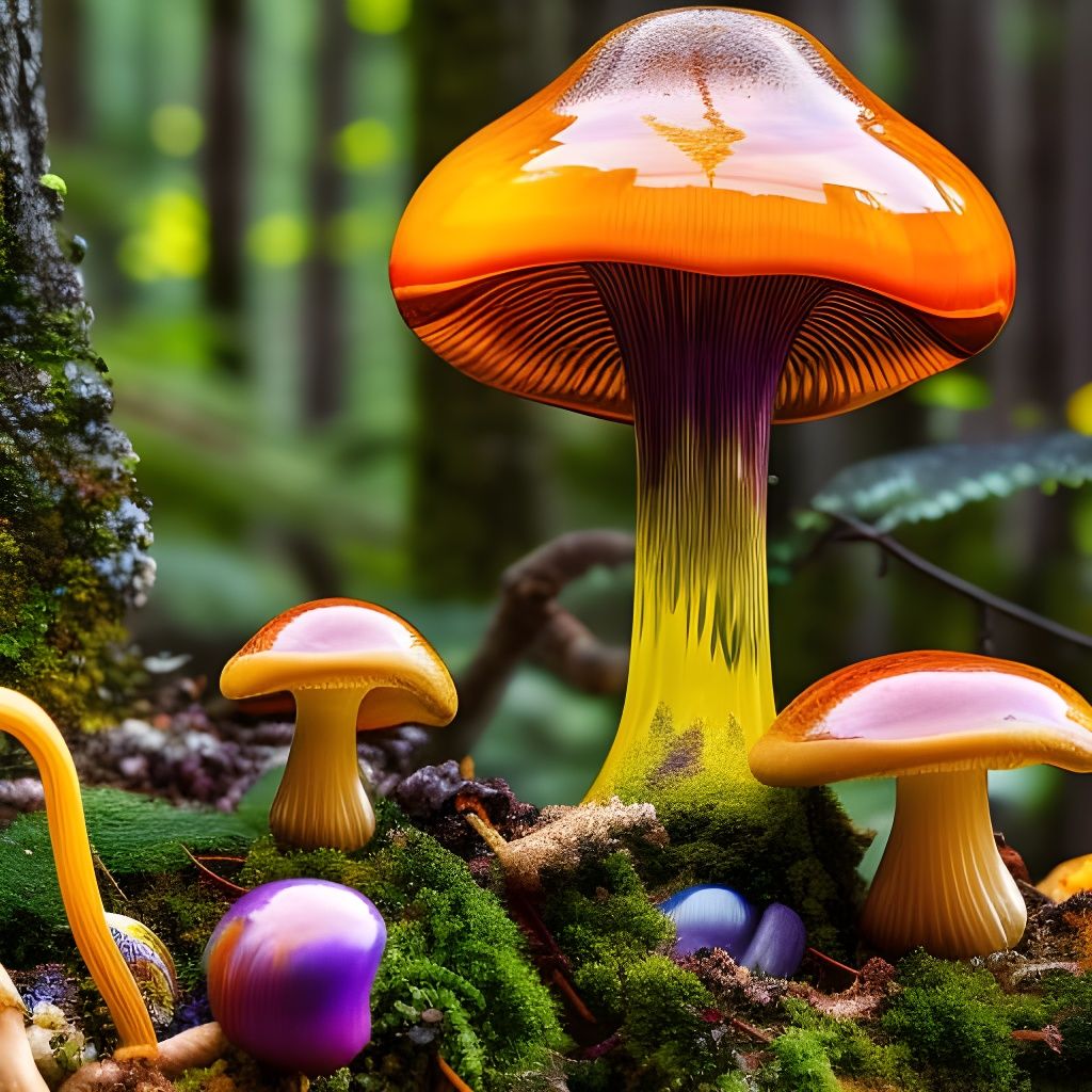 Chihuly Style Blown Glass Mushrooms in Forest