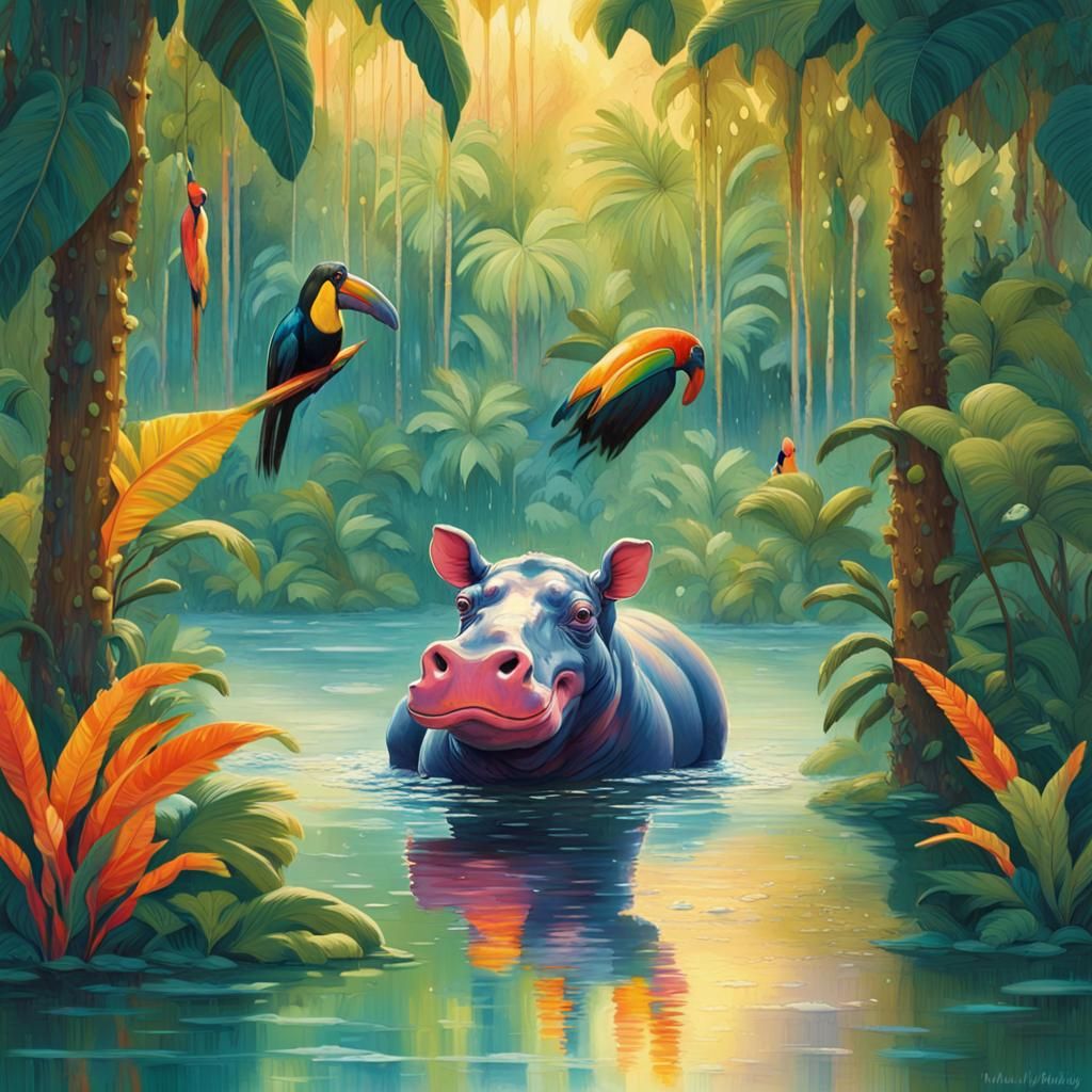 Baby Hippo in Lush Jungle, Tropical Impressionist Illustrati...