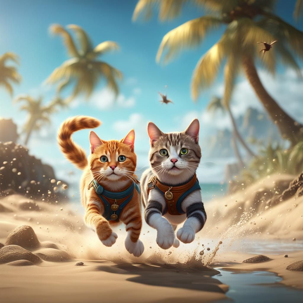 Cute Cat Running on Beach: Fantasy Concept Art