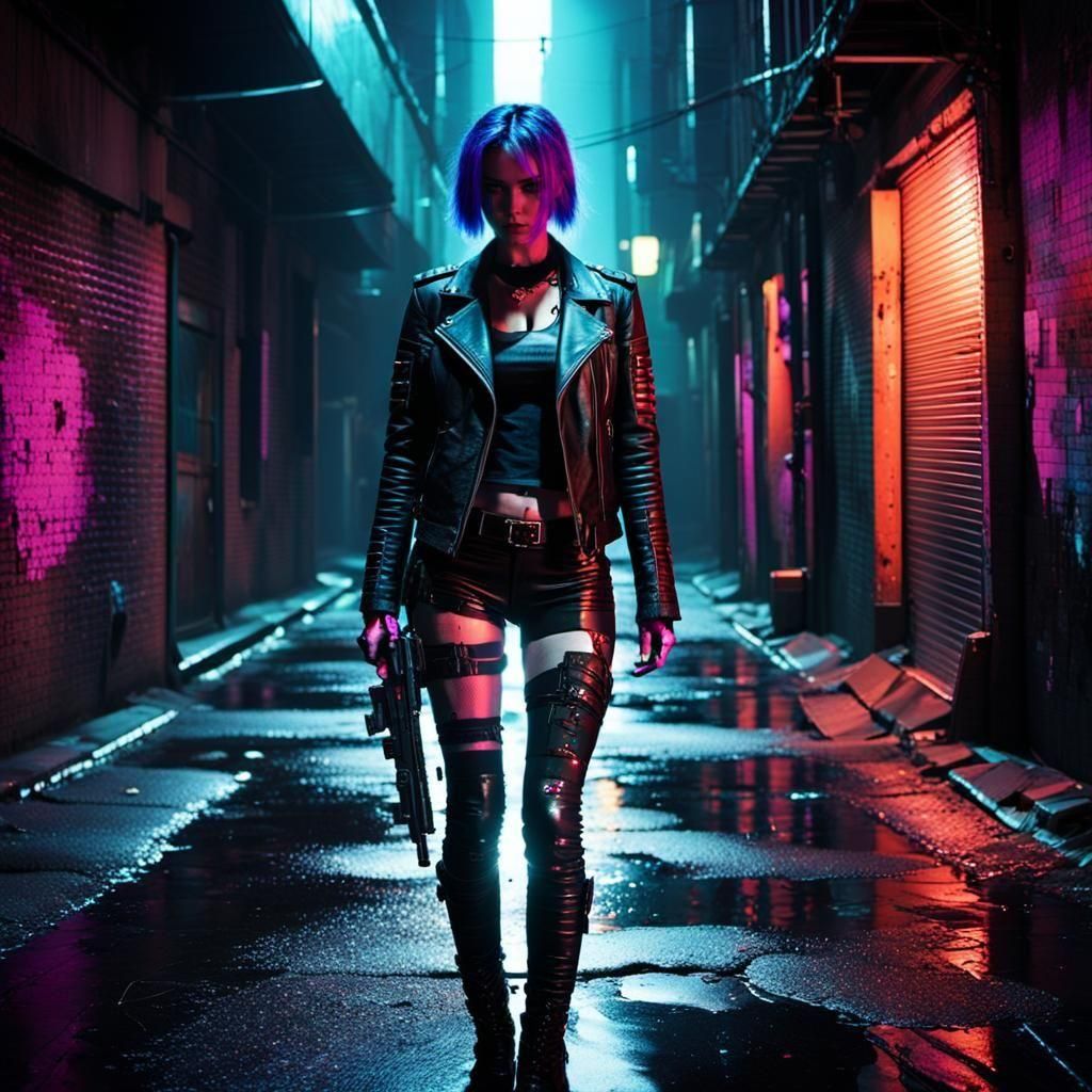 Cyberpunk Girl with Gun in Neon Cityscape