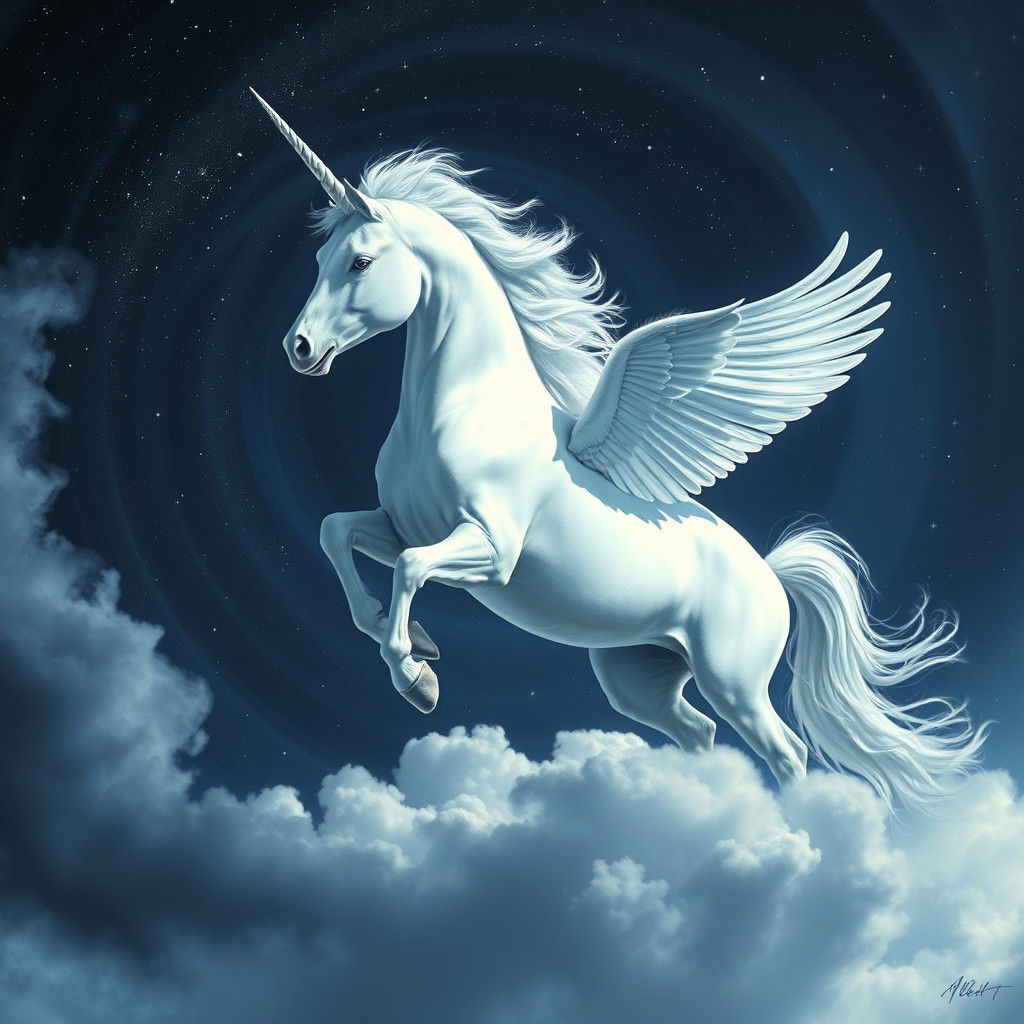 Unicorn Soaring Through Starry Sky in Digital Art