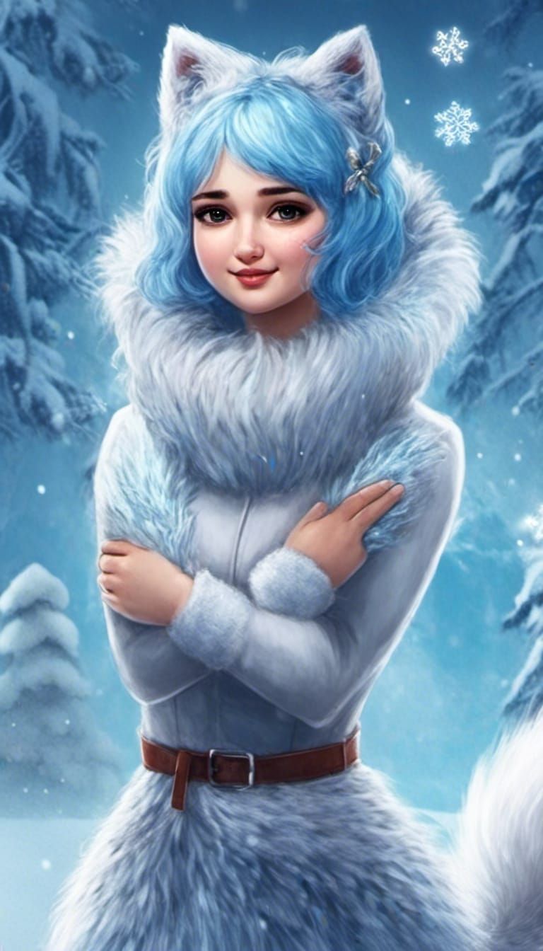 Anime Catgirl with Ice Magic in Hypercolorful Style