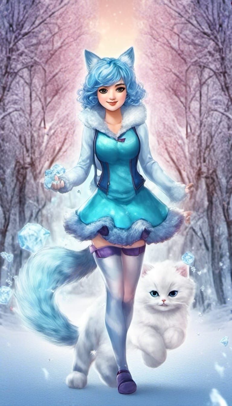 Anime Girl with Cat Features Wielding Ice Magic