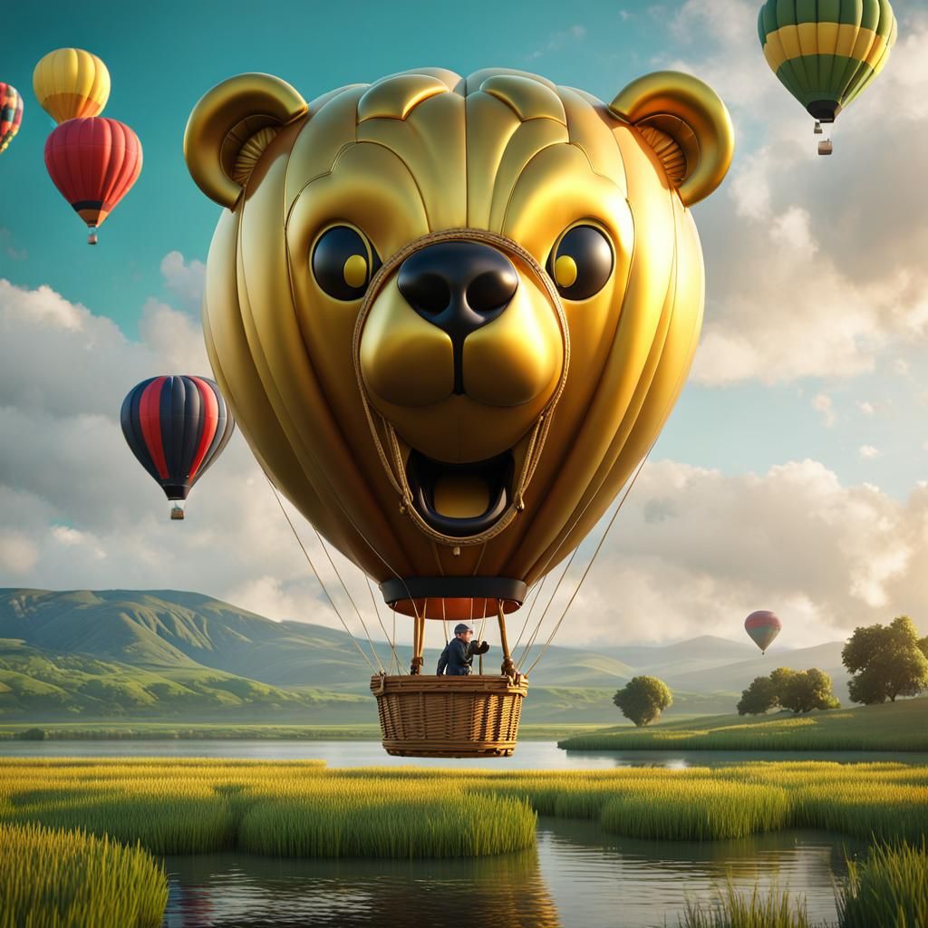 Golden Bear Hot Air Balloon Over Green Fields