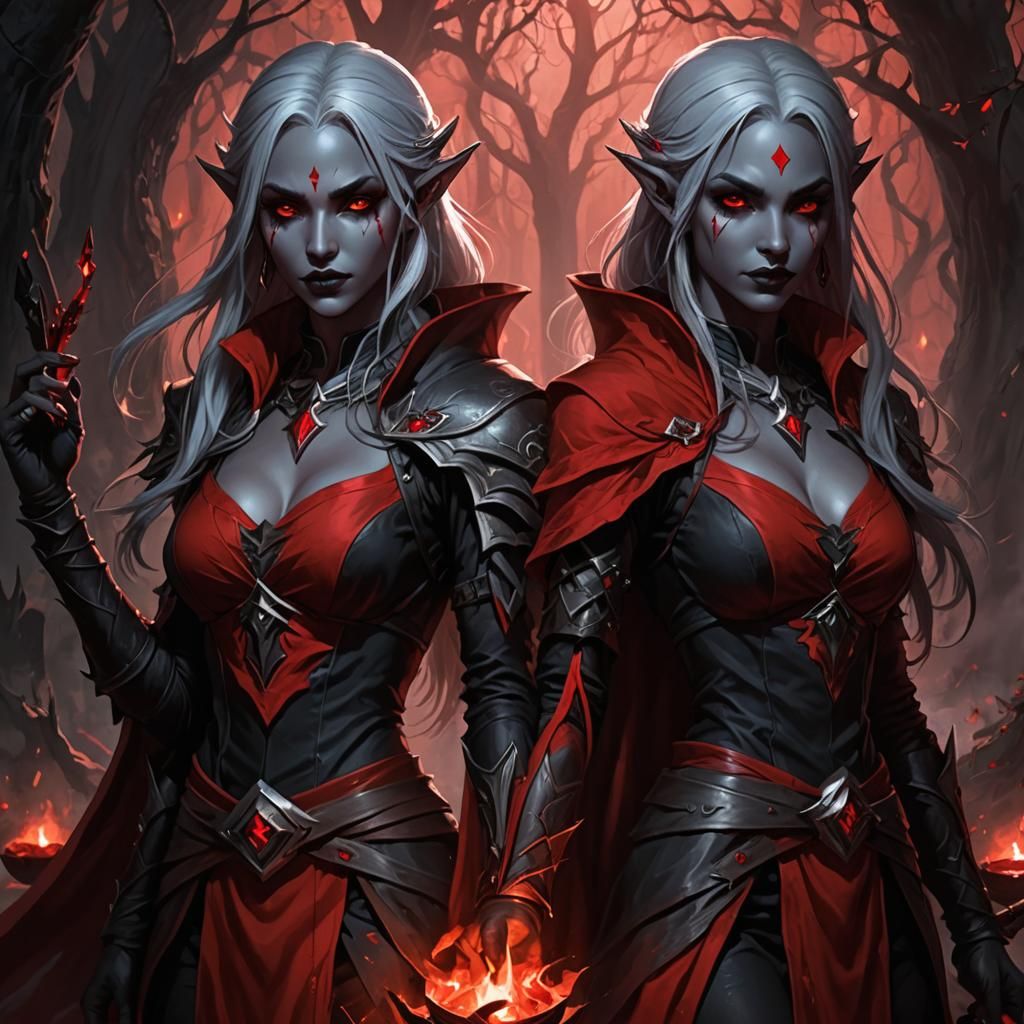 Twin Drow Blood Sorcerers in Dark Fantasy Art