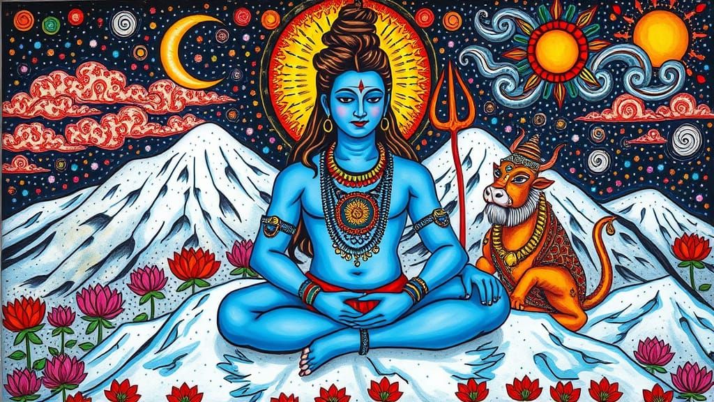 Lord Shiva in Madhubani Style Meditating on Mount Kailash