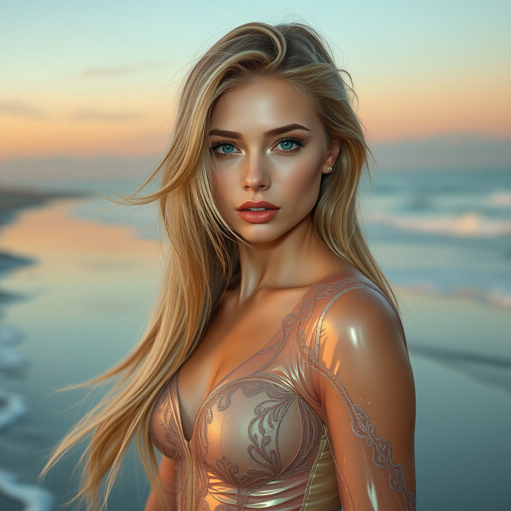 Sunset Beach Woman in Futuristic Realism Style