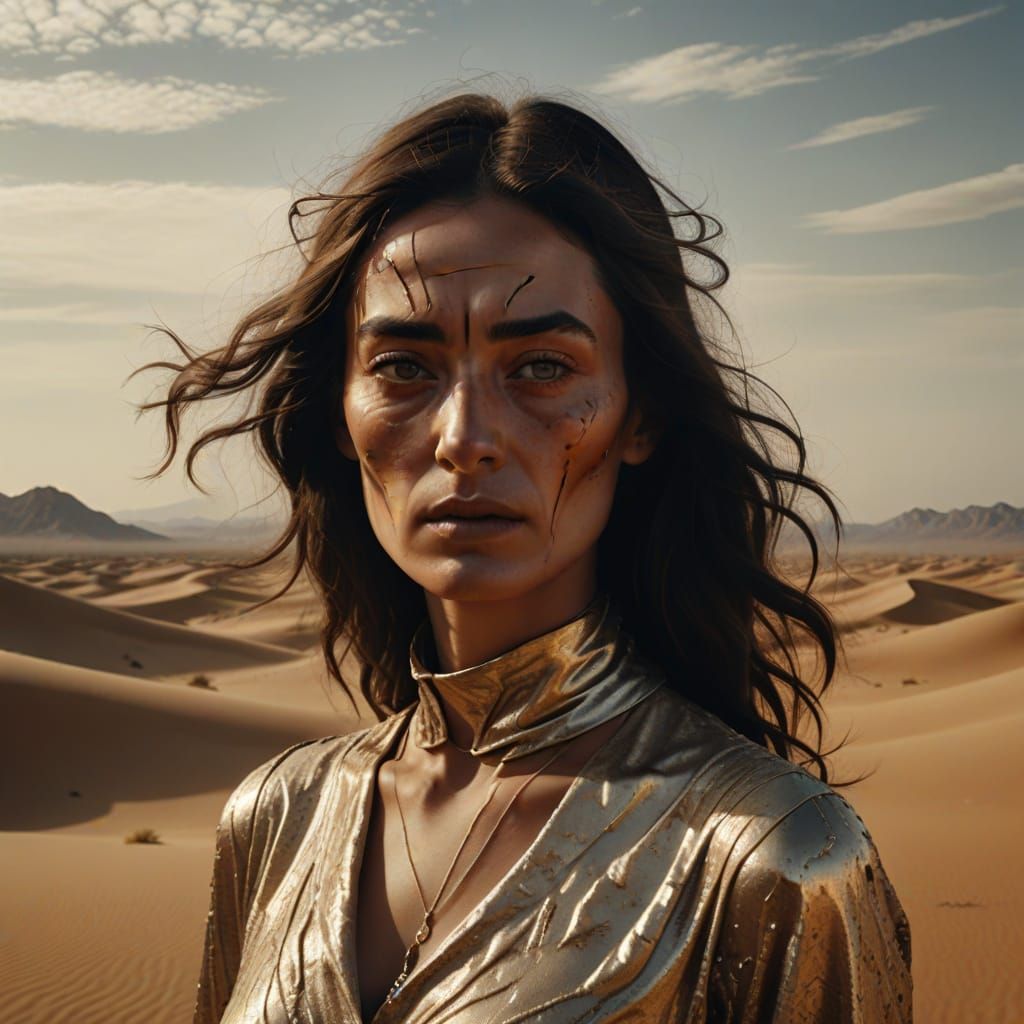 Surreal Desert Landscape with Ghostly Woman Face