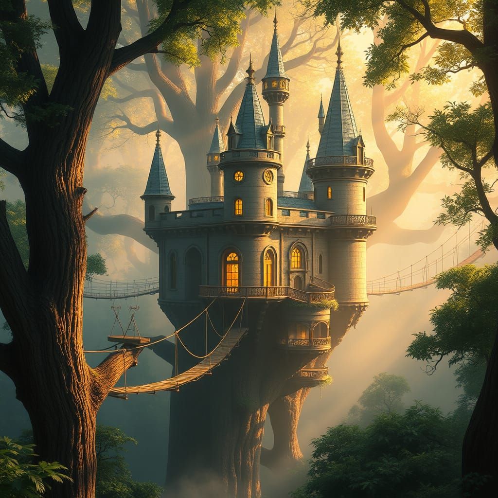 Ethereal Castle Floats Amongst Towering Trees in Vibrant Eme...