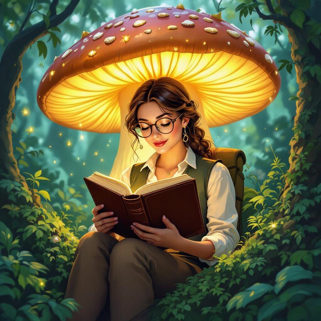 Whimsical Storybook Illustration of Woman Reading on Giant M...