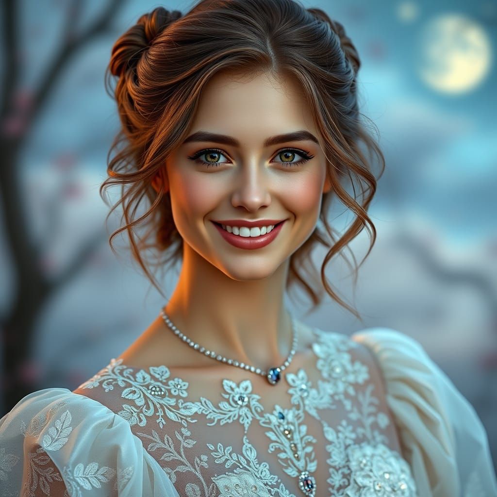 Ethereal European Goddess in Lavish, Embroidered Gown