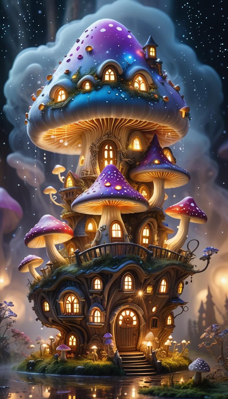 Enchanted Mushroom Building Amidst Swirling Mist