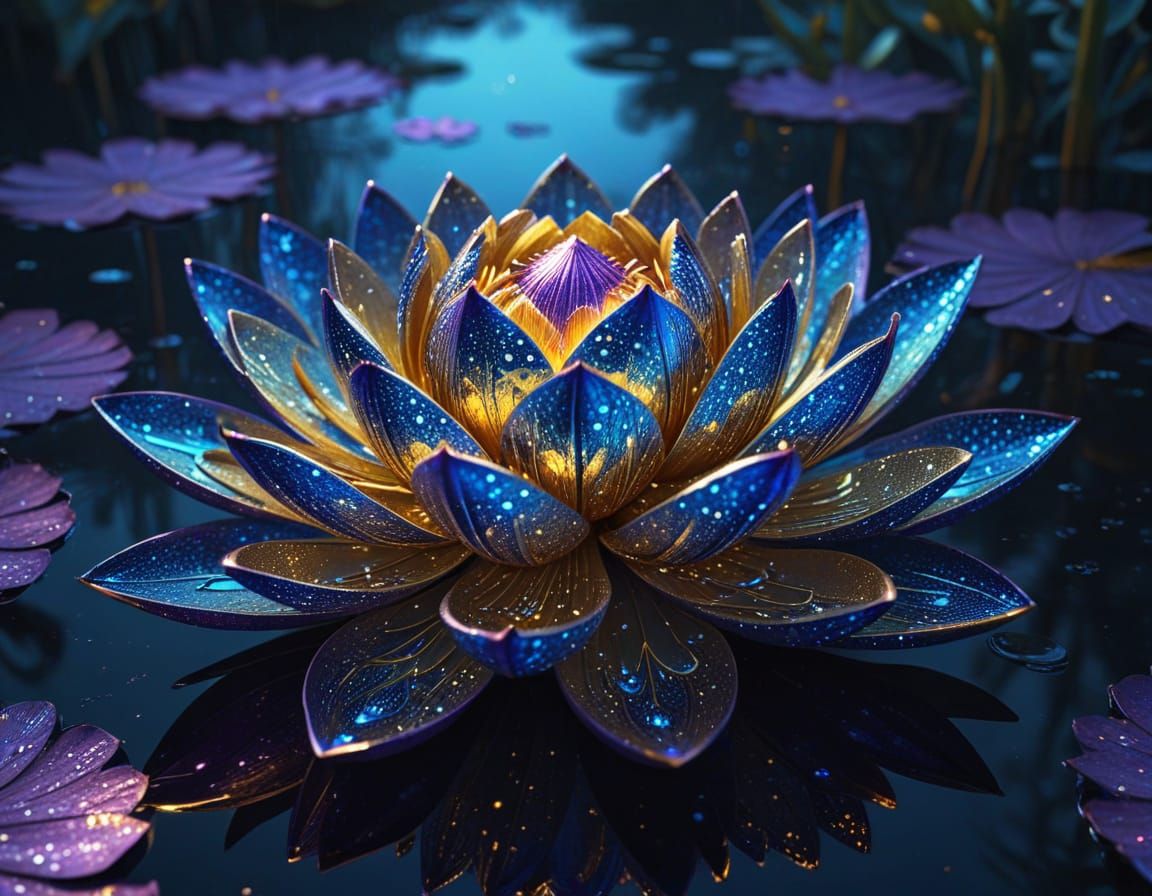 Bioluminescent Golden Lotus on Lake, Digital Art