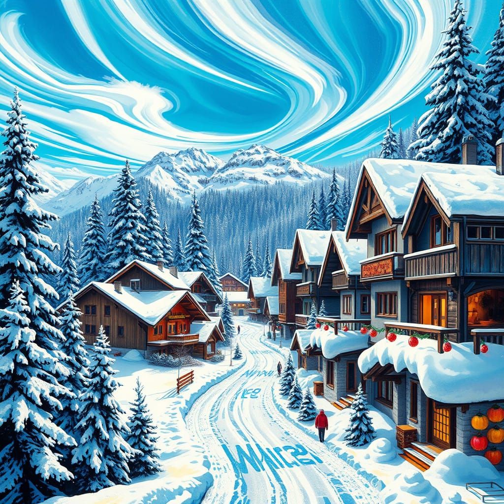 Vibrant Christmas Scene in Austrian Alps Street Art Style