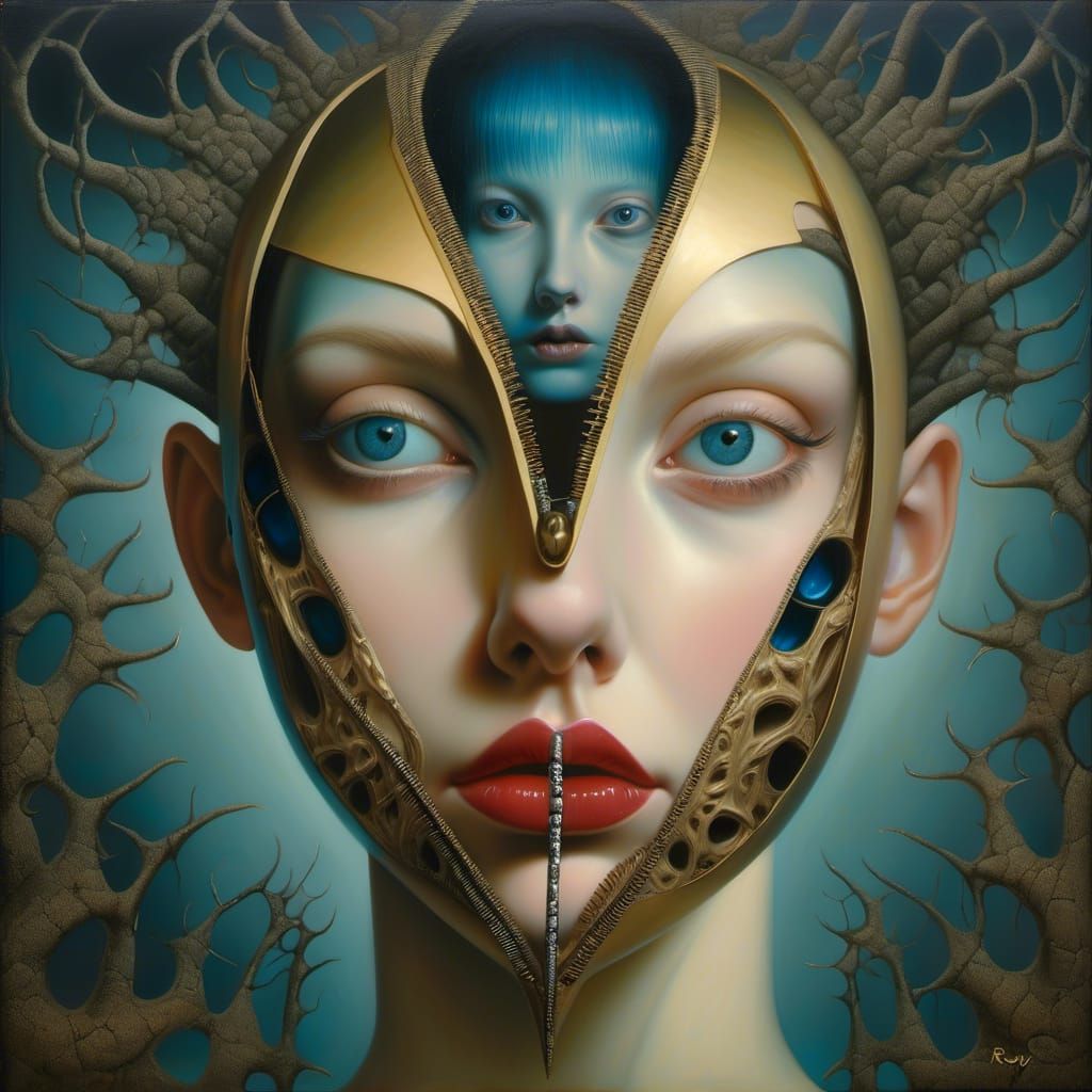 Surreal female face unzipped