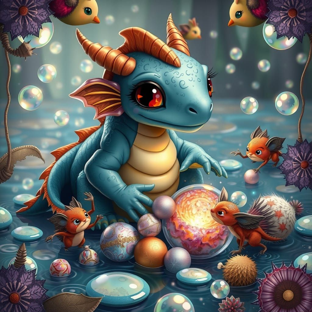 Chubby Dragon Discovers Whimsical Treasure Trove Amidst Irid...
