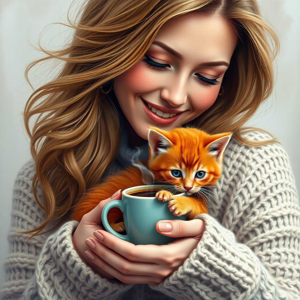 Woman and Kitten with Coffee: Digital Oil Painting