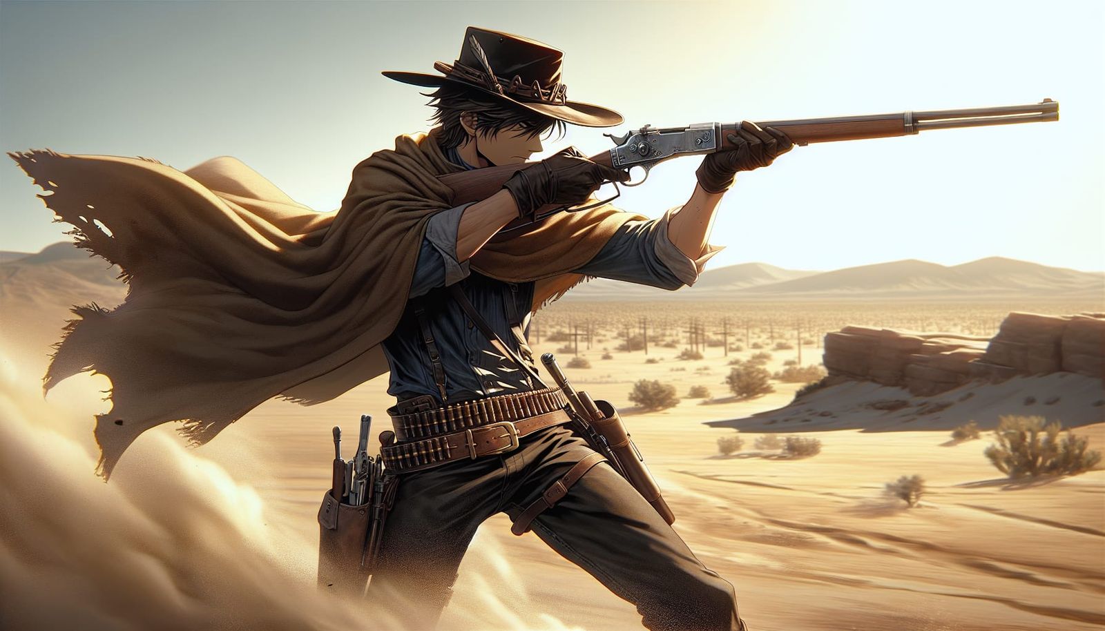 Anime Cowboy Shoots Rifle in Desert Illustration