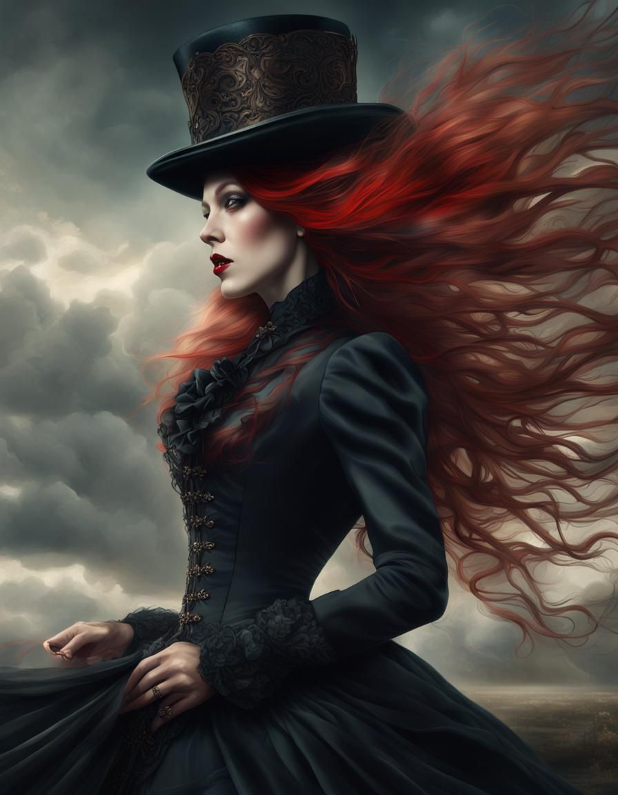 Gothic Victorian Woman with Red Hair in Wind
