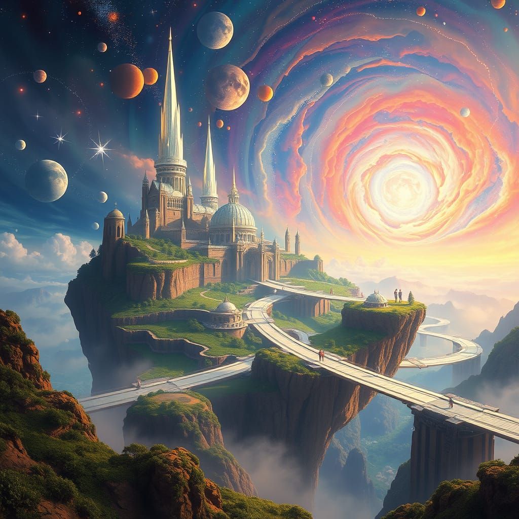 Floating Island City Amidst Nebula, Photorealistic Fantasy A...