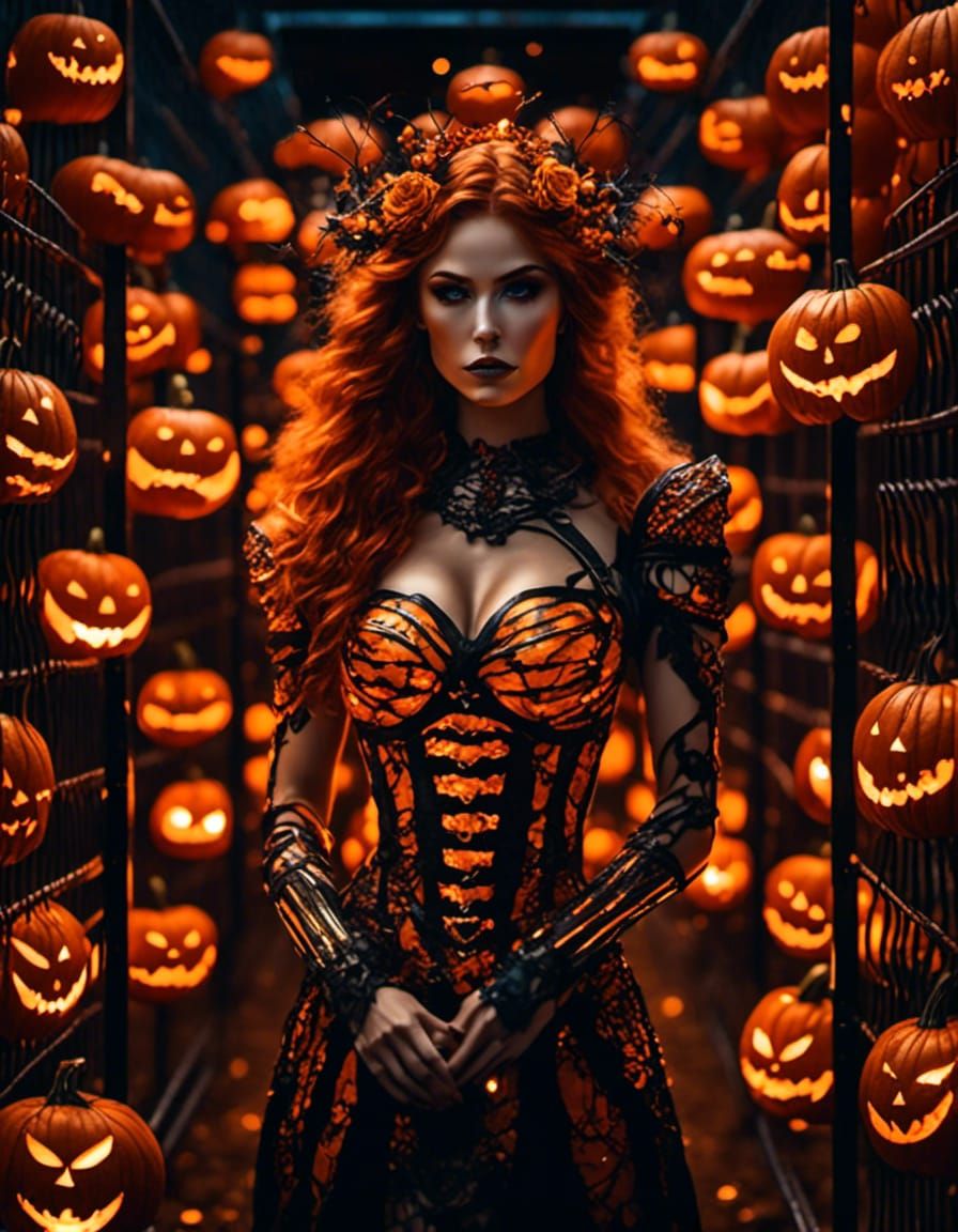 Pumpkin-Headed Woman Trapped in Fantasy Prison