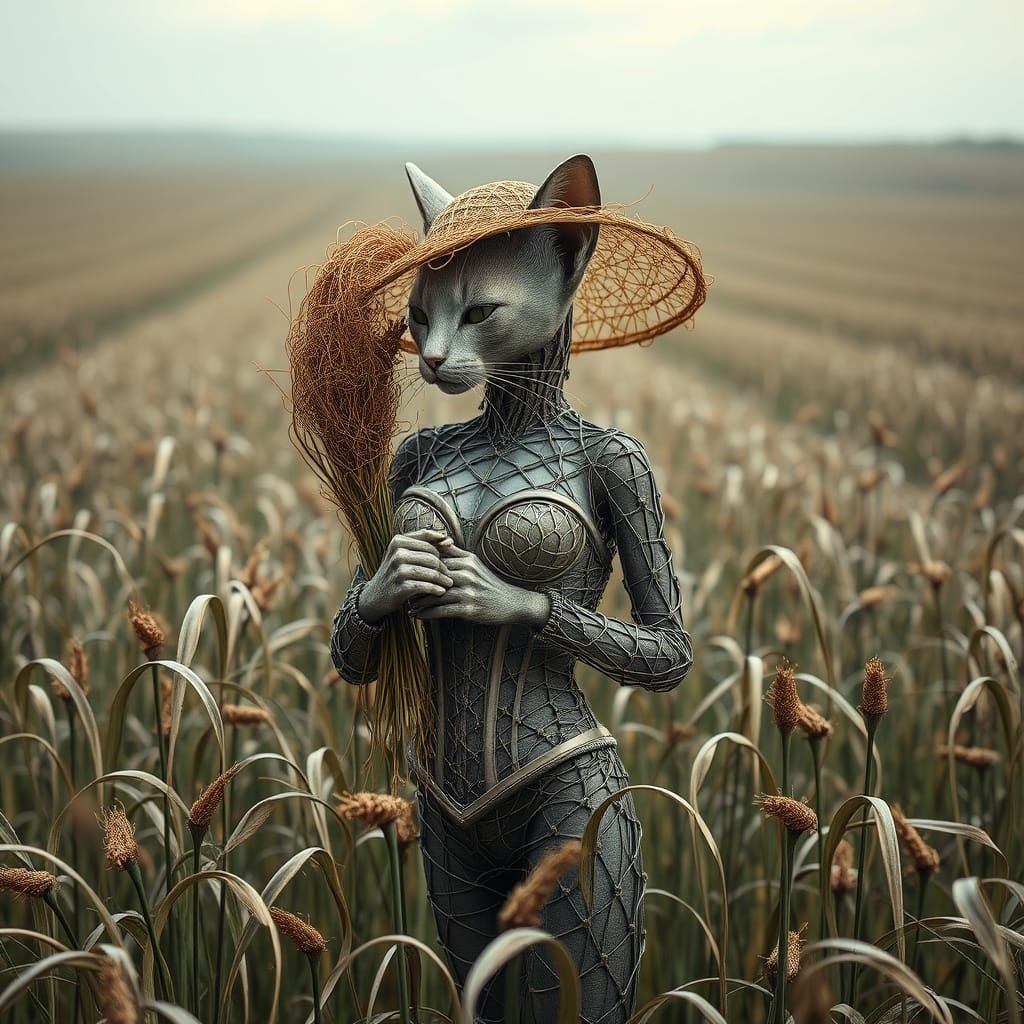 Metallic Feline Farmer Amidst a Field of Wires