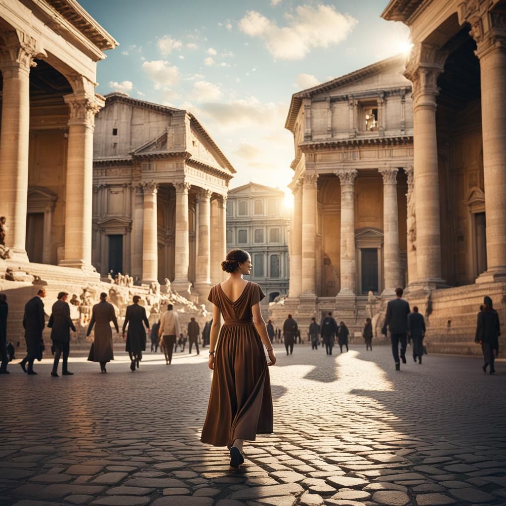 Woman Walking in Sunny Roman Piazza