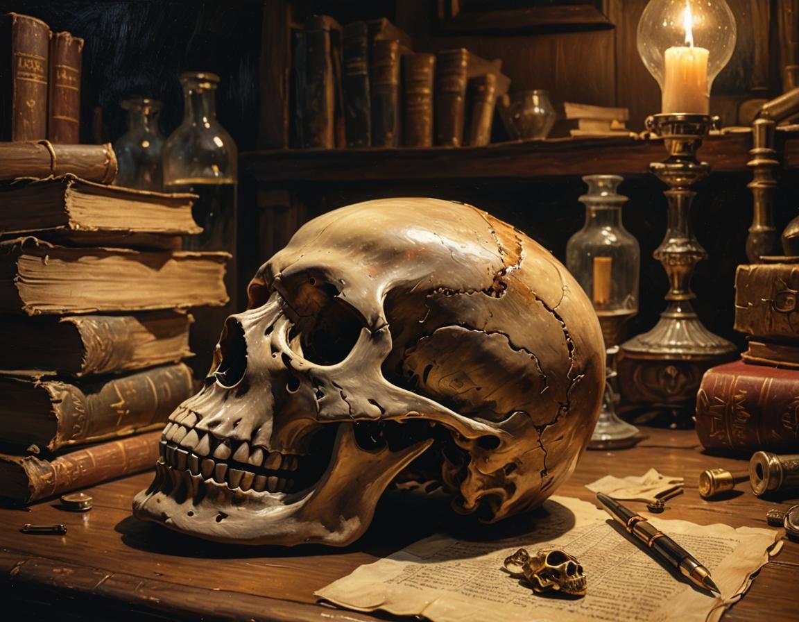 Skull on Desk: Impressionist Oil Painting in Old Master Styl...