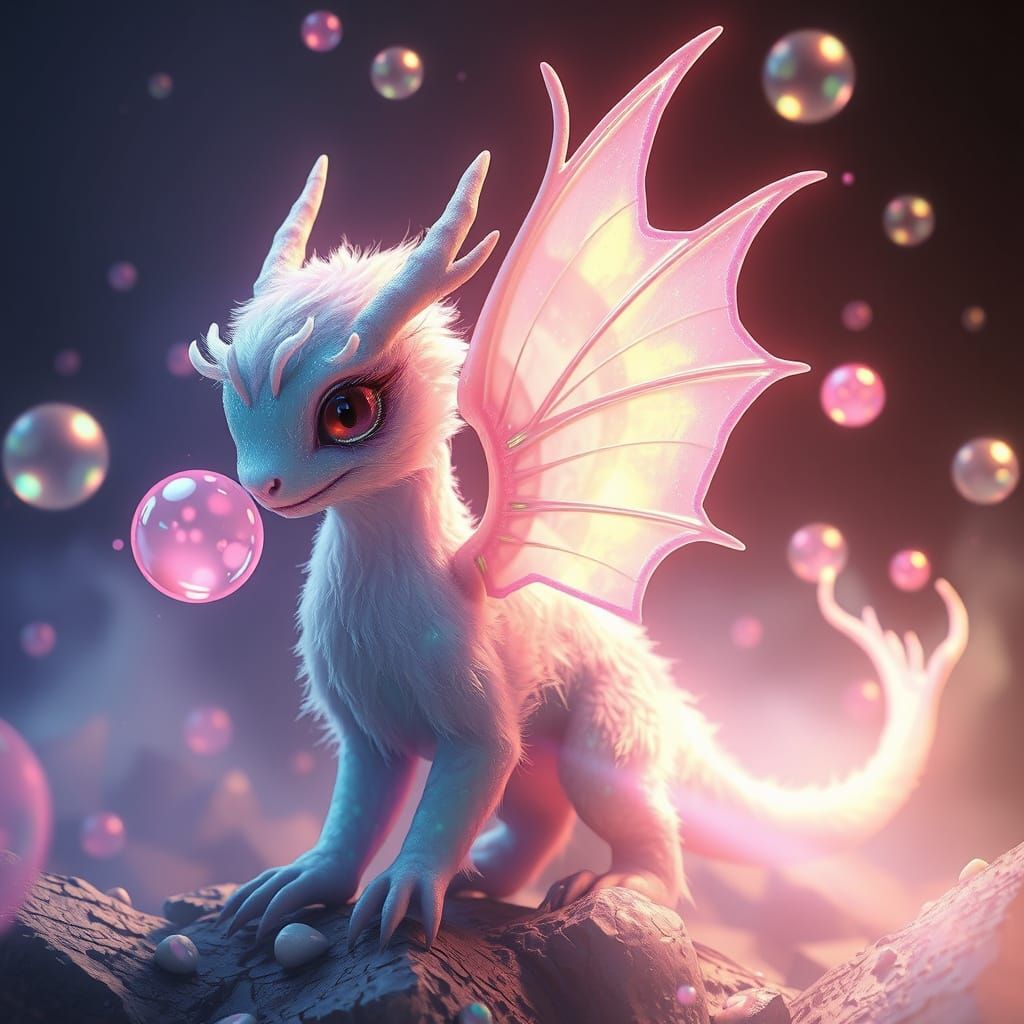 Whimsical Mythical Creature Blows Pastel Pink Bubbles in Eth...