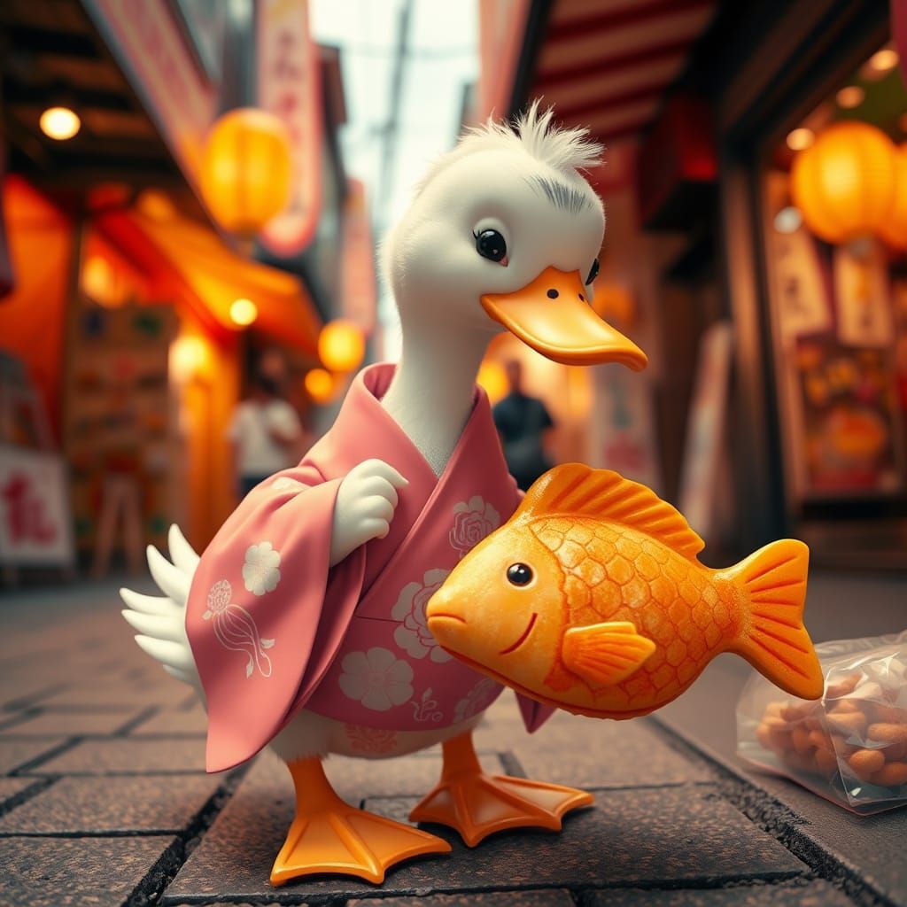 Duck Eats Taiyaki in Vibrant Anime Style