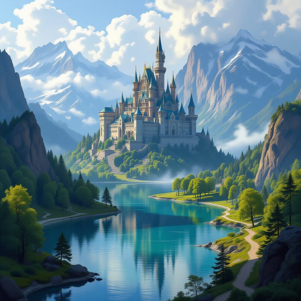 Fantasy Castle Landscape: Digital Art Style