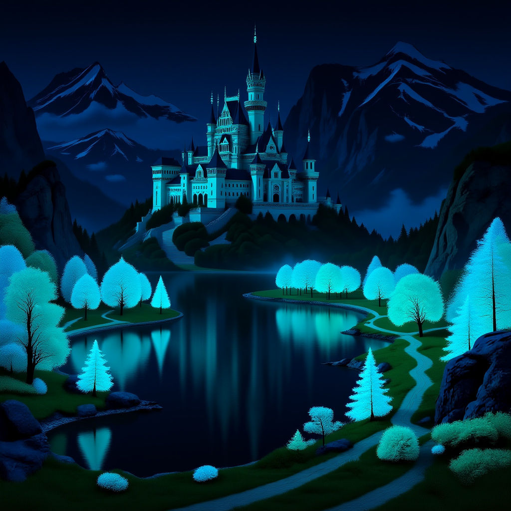 Fantasy Castle Overlooking Bioluminescent Lake
