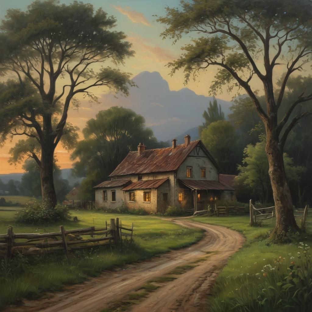 Farmhouse at Evening: Rustic Oil Painting