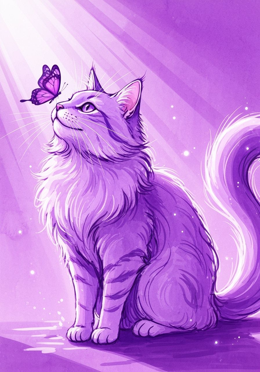 Ethereal Purple Cat Painting with Butterfly