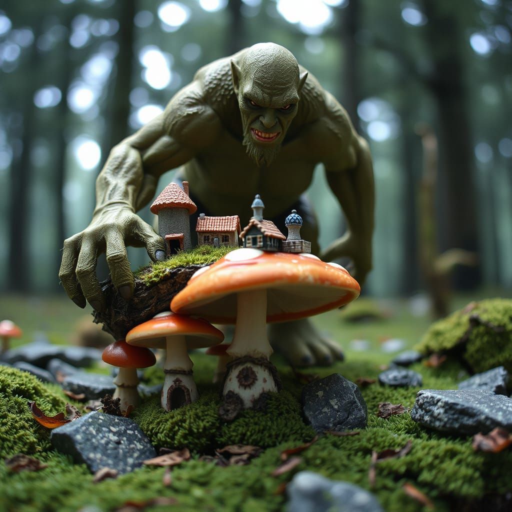 giant troll loomin' over a minature city on the mushroom cap