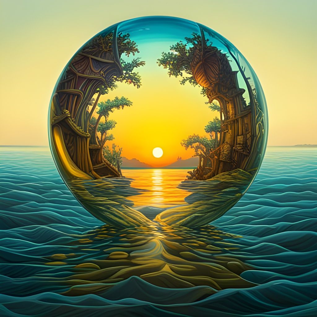 Translucent Glass Orb on Tropical Ocean, Art Nouveau