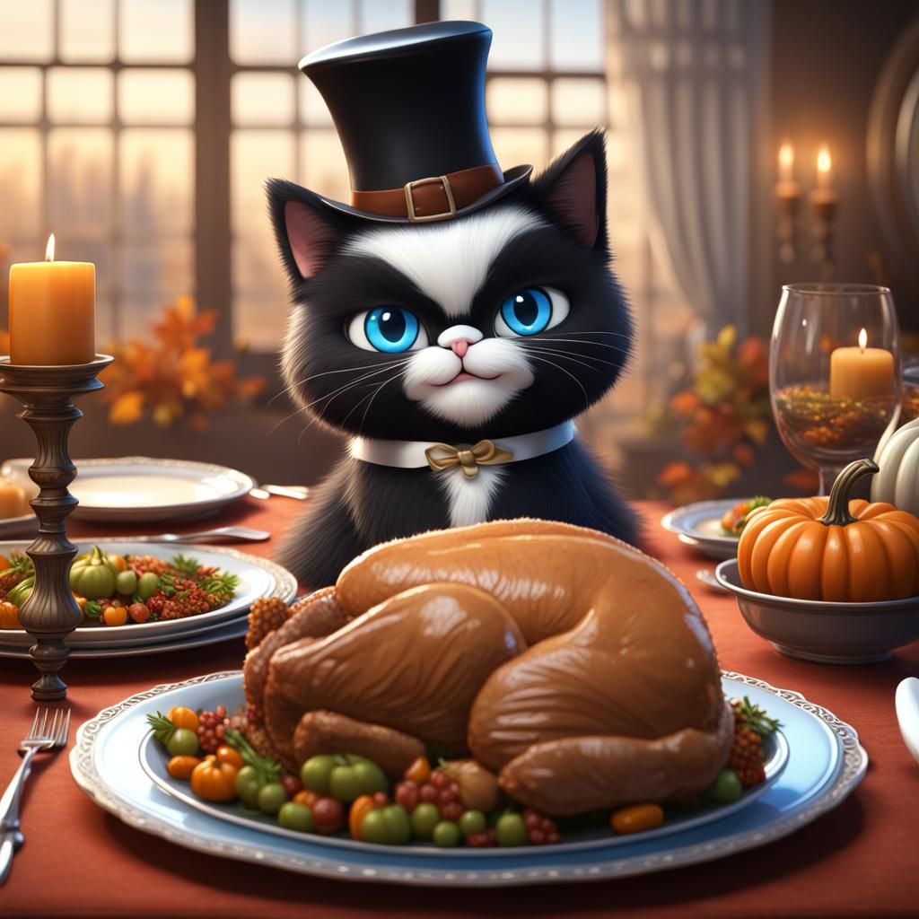Cute Cartoon Cat Enjoys Thanksgiving Dinner