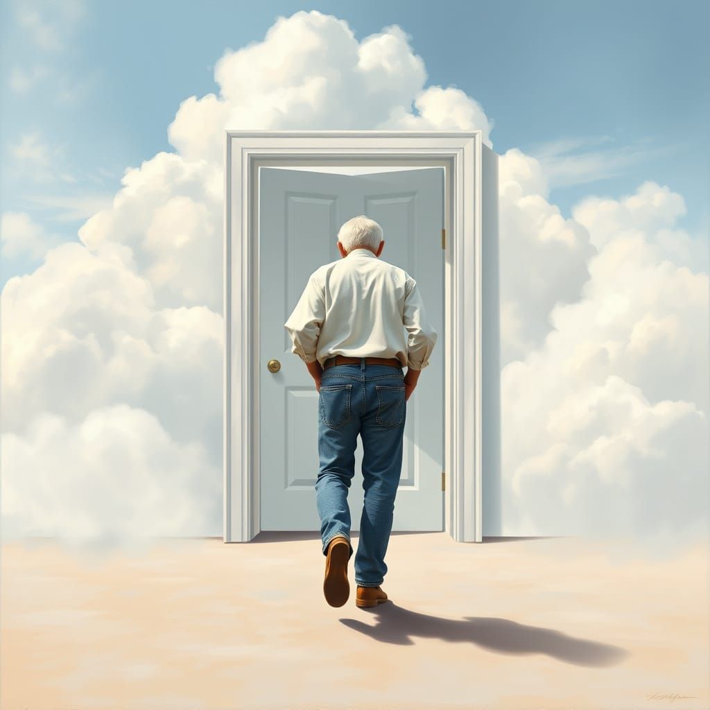 Elderly Man Walks Towards White Door in Realistic Style