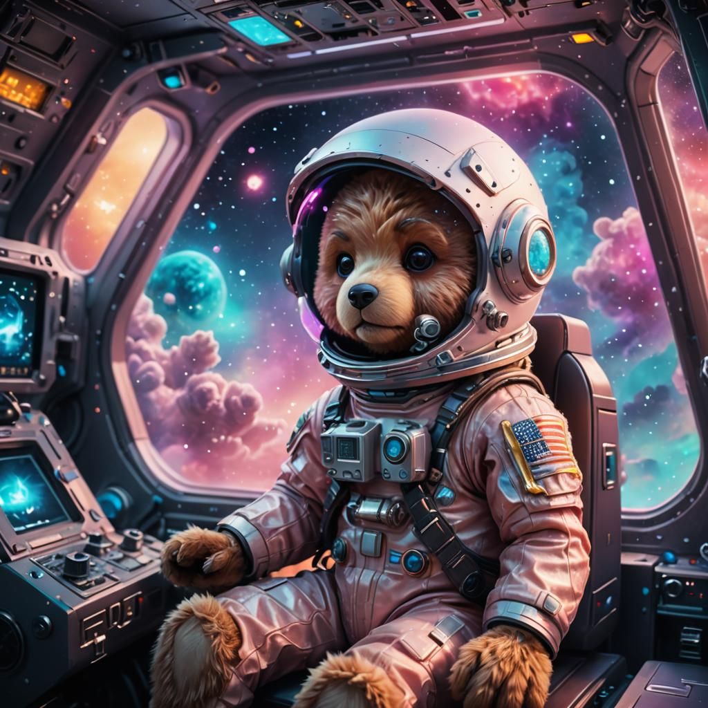 Chibi Teddy Bear Astronaut in Spaceship: Digital Art