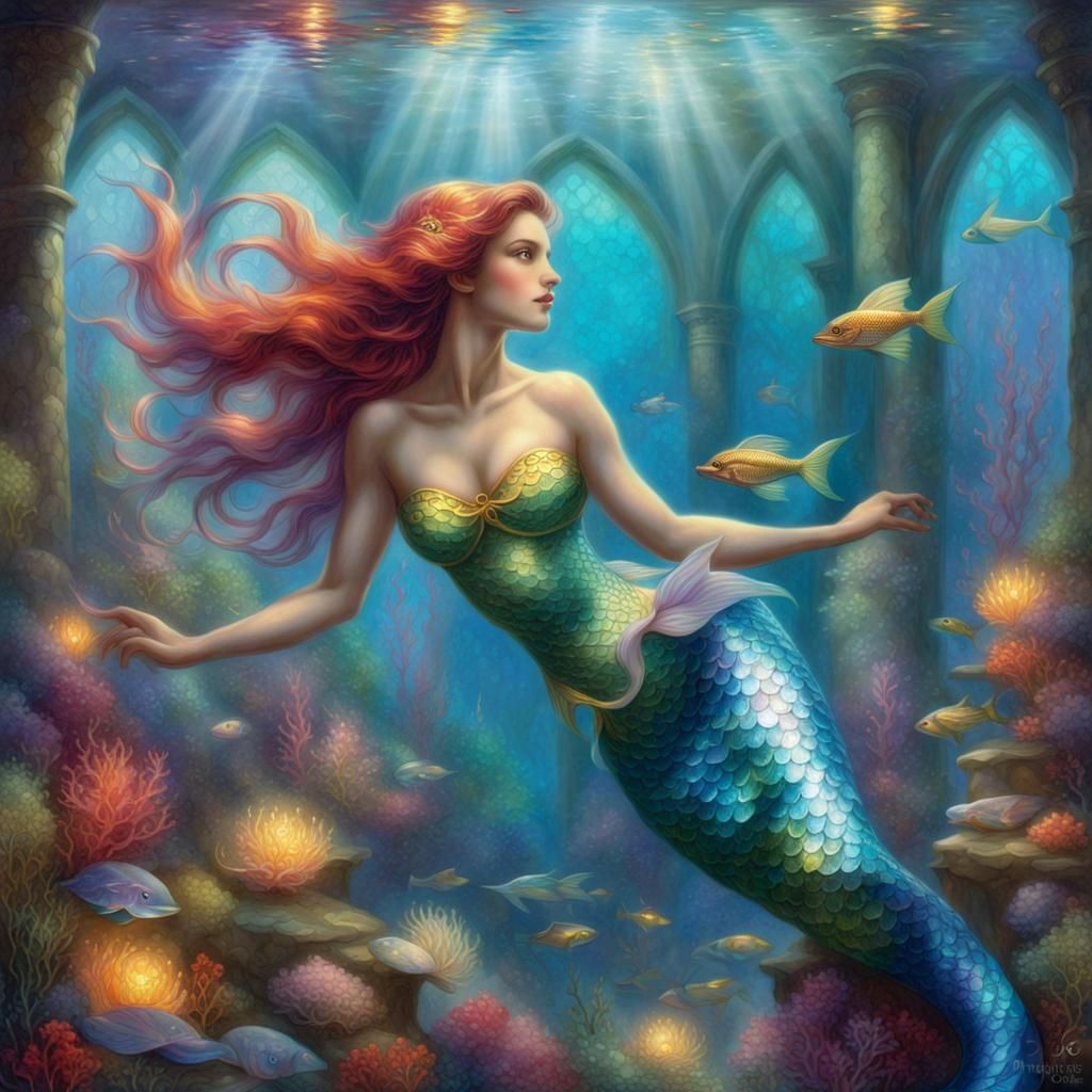 Stained Glass Mermaid in Ethereal Underwater Scene