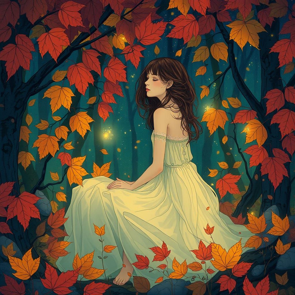 Ethereal Woman in Autumnal Forest Withered Away