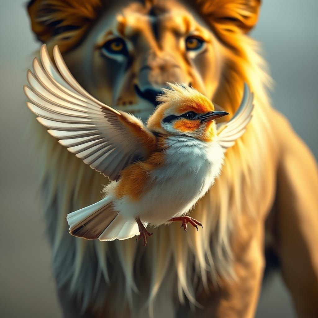 Fluffy Bird Evades Lion: A Photorealistic 3D Illustration