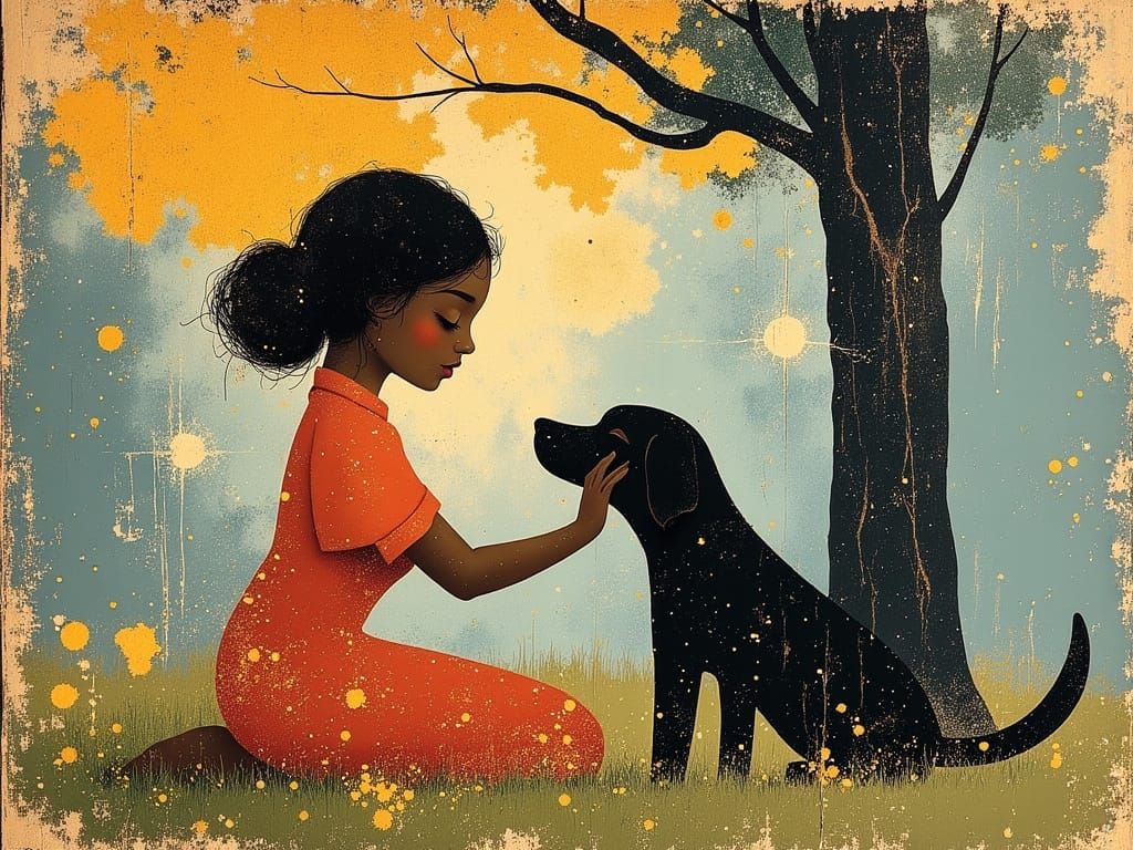 Vintage Black Woman Playing with Puppy in Park
